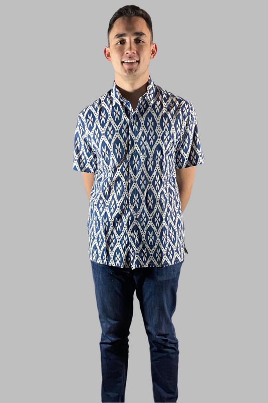 Block Print Men's Shirt - Short Sleeves - Indigo