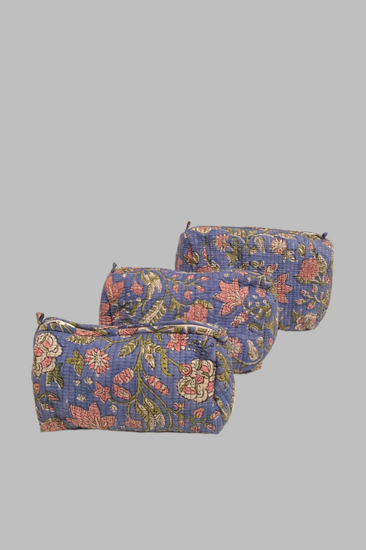 Block Print Nested Cosmetic Bags - Set of 3 - Blue Floral