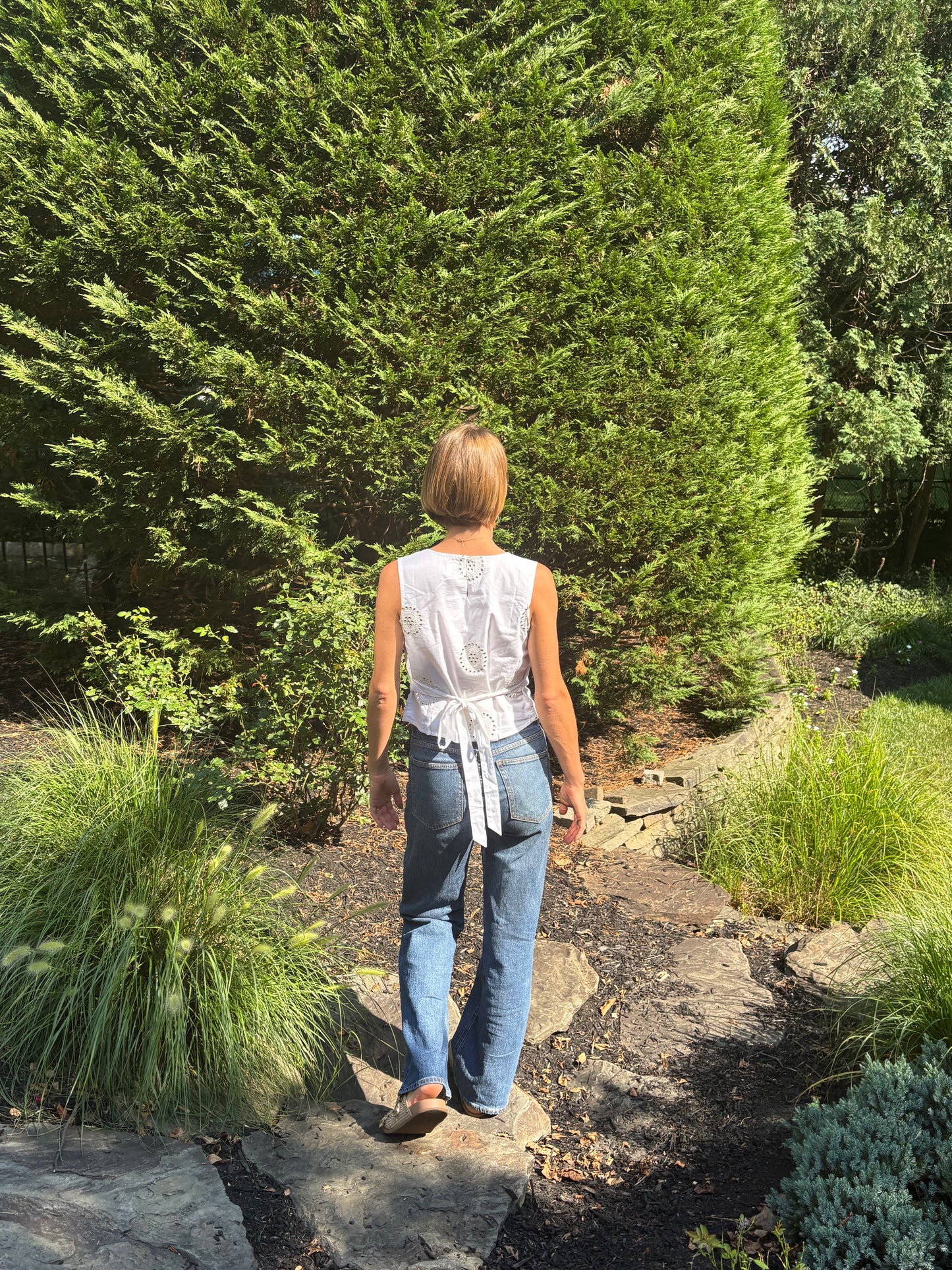 Embroidered Square Neck Tank - White Mirror