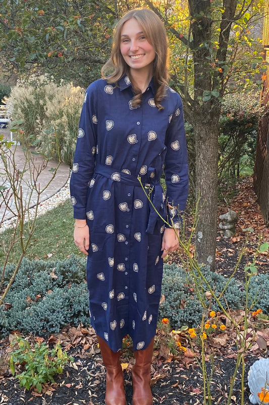 Embroidered Shirt Dress - Navy