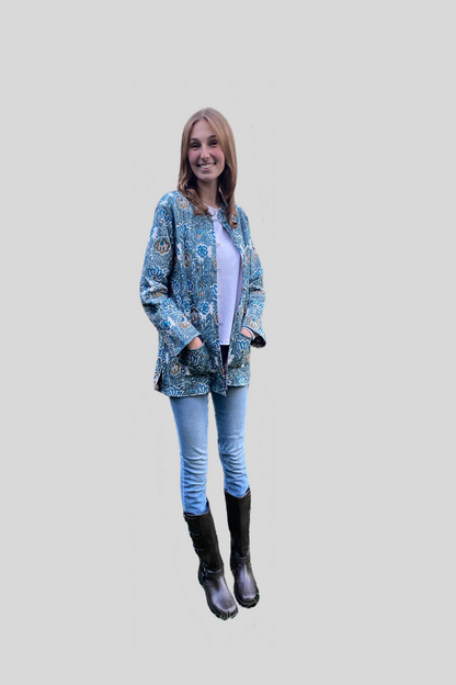 Block Print Quilted Reversible Jacket - Blue & Brown