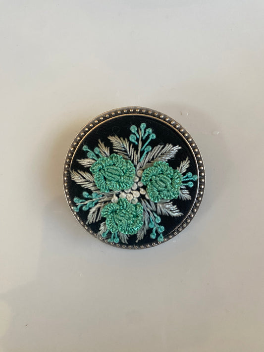 Kosovo Hand Embroidered Brooch - Green & Blue Flowers