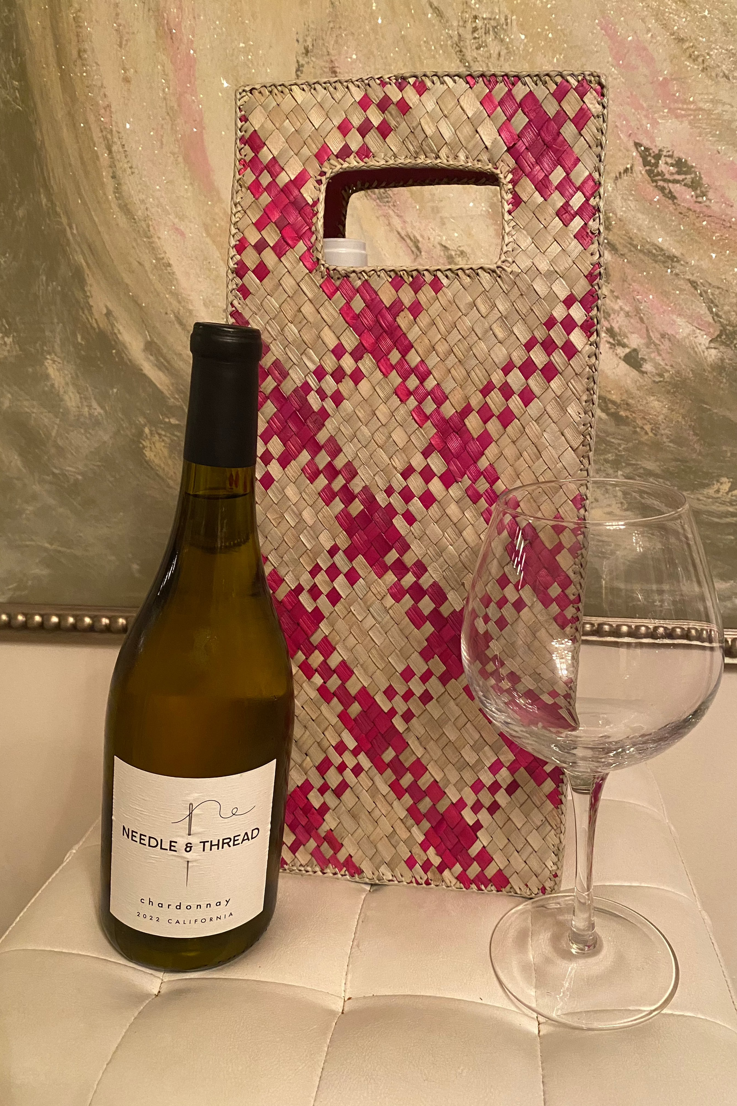 Hand woven 2 bottle Wine Bag - Pink and Natural