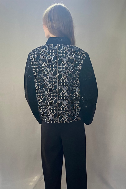 Velvet Embroidered Nehru Collar Jacket - Black & White