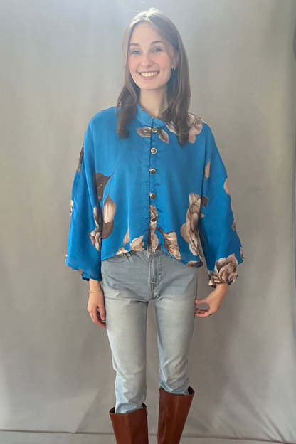 Satin Blouse - Blue and Brown