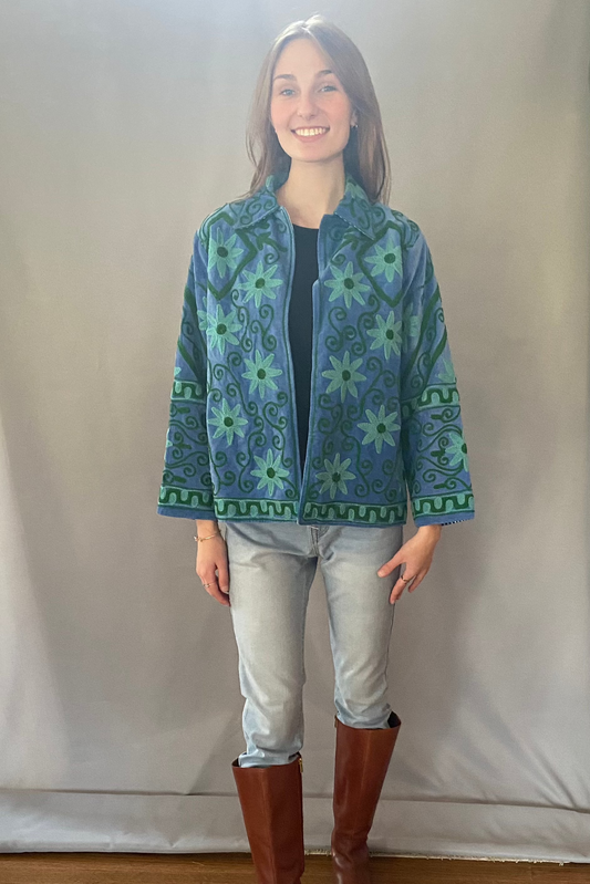 Embroidered Reversible Cotton Jacket - Green and Blue