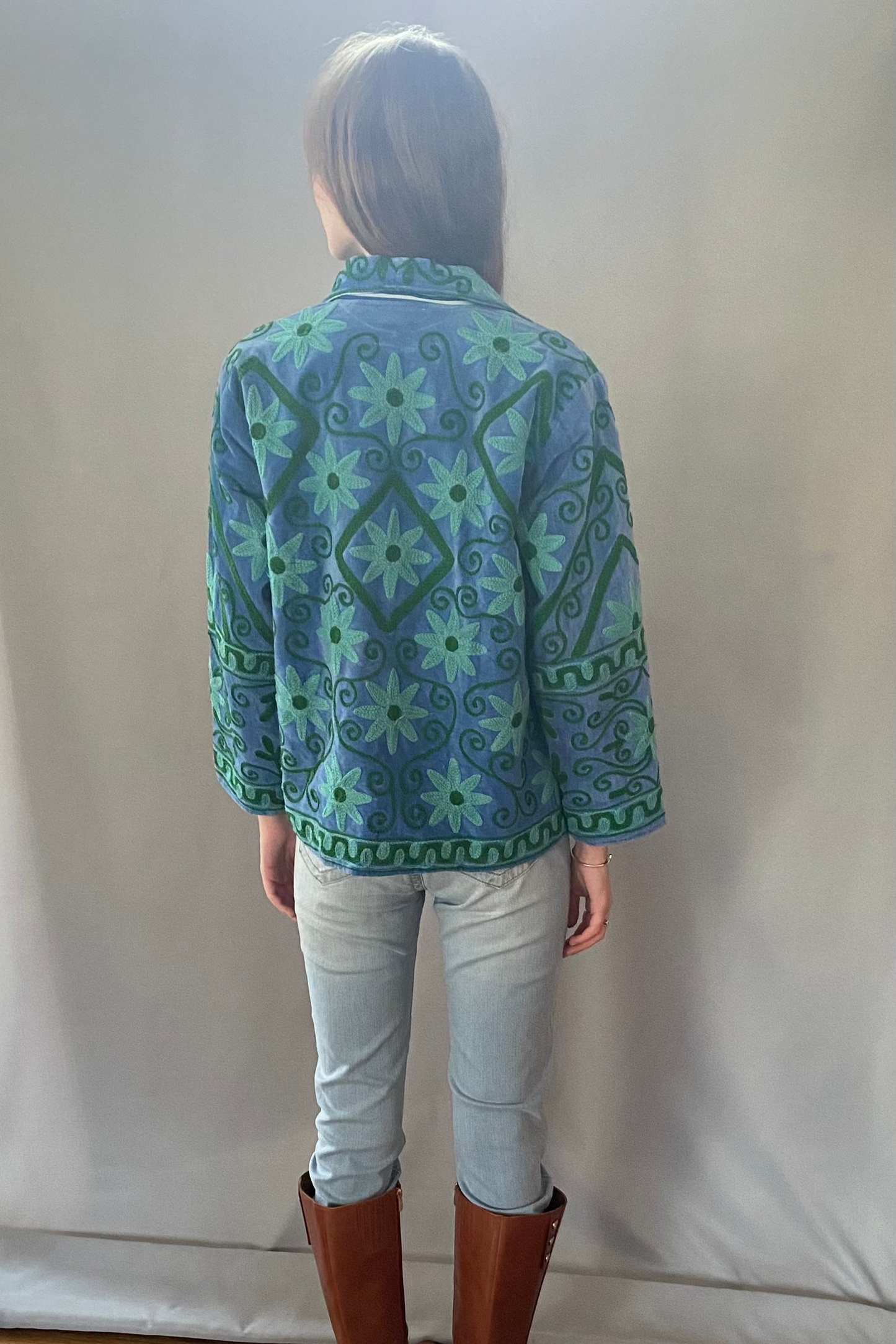 Embroidered Reversible Cotton Jacket - Green and Blue