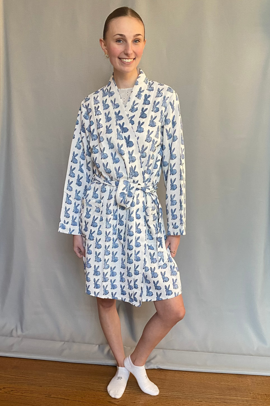 Block Print Waffle Cotton Robe - Blue Bunny