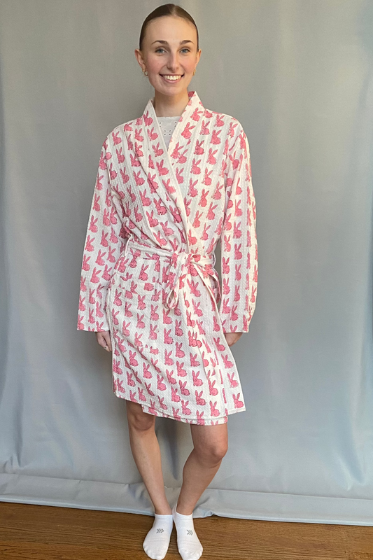 Block Print Waffle Cotton Robe - Pink Bunny