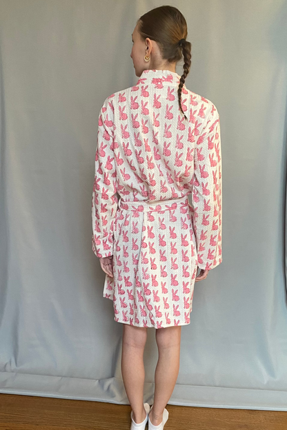 Block Print Waffle Cotton Robe - Pink Bunny