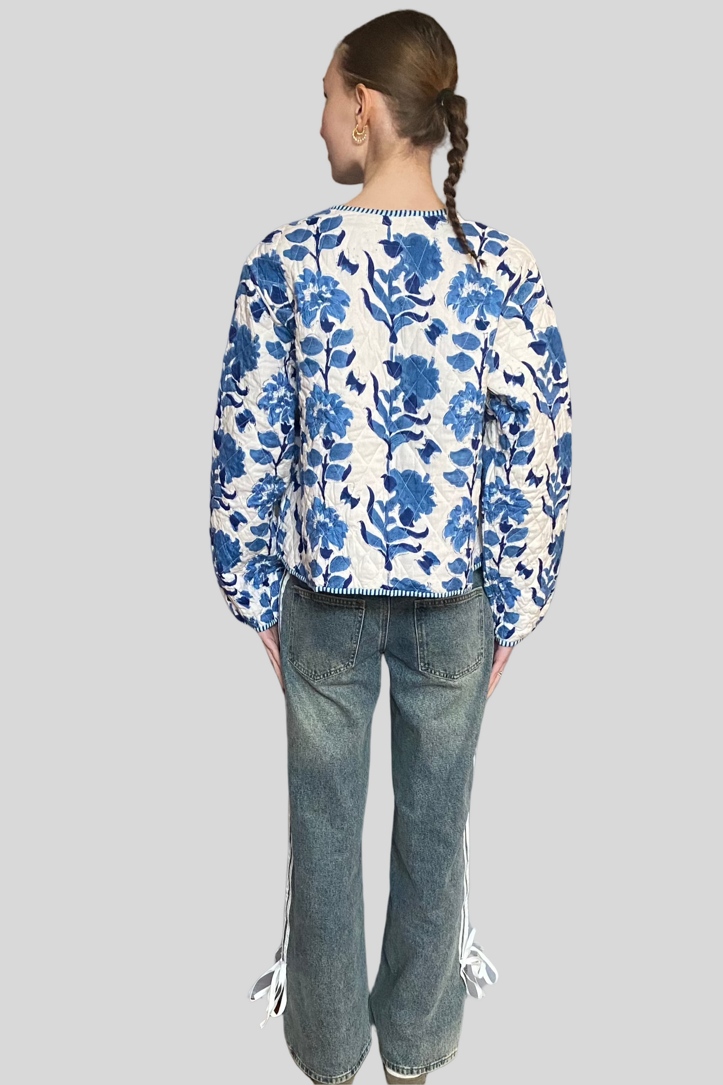 Block Print Quilted Cropped Reversible Jacket - Blue