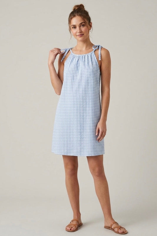 Chloe Shoulder Tie Dress - Blue Gingham
