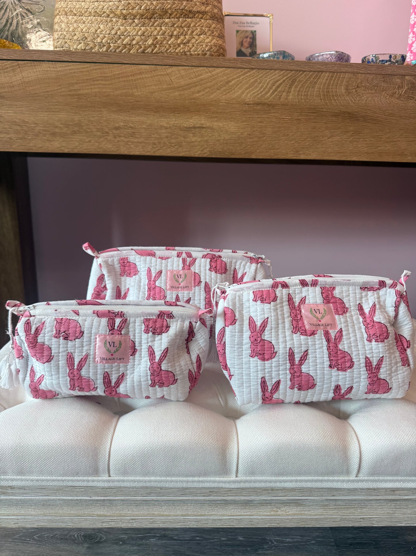 Block Print Nested Cosmetic Bags - Set of 3 - Pink Bunny