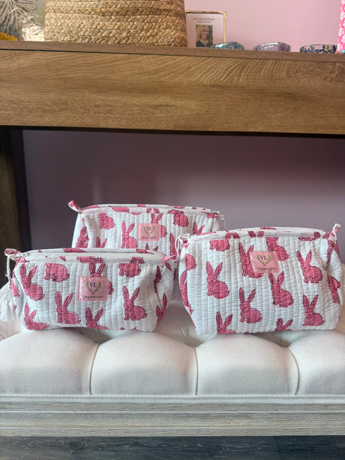 Block Print Nested Cosmetic Bags - Set of 3 - Pink Bunny