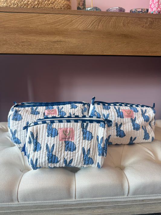 Block Print Nested Cosmetic Bags - Set of 3 - Blue Bunny