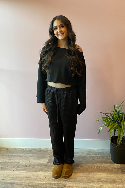 Off the Shoulder Cropped Sweatshirt - Black