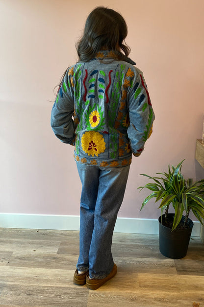 Embroidered Reversible Velvet Jacket - Blue With Sunflowers