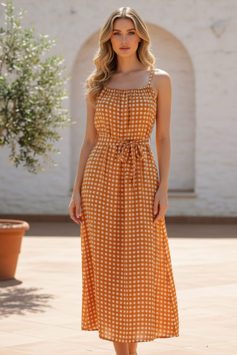 Flowy chiffon checks maxi dress