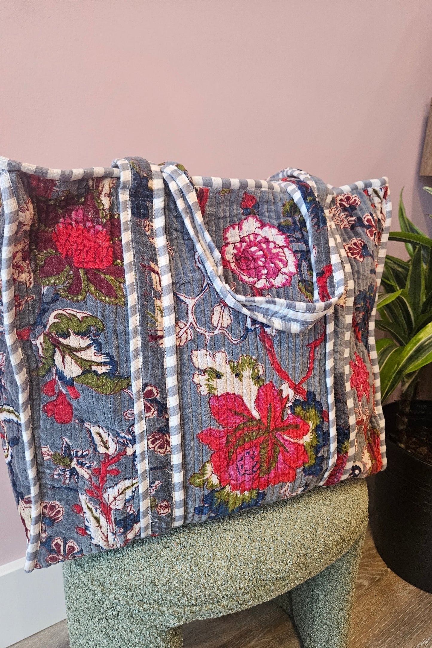 Velvet Tote Bag - Gray Floral