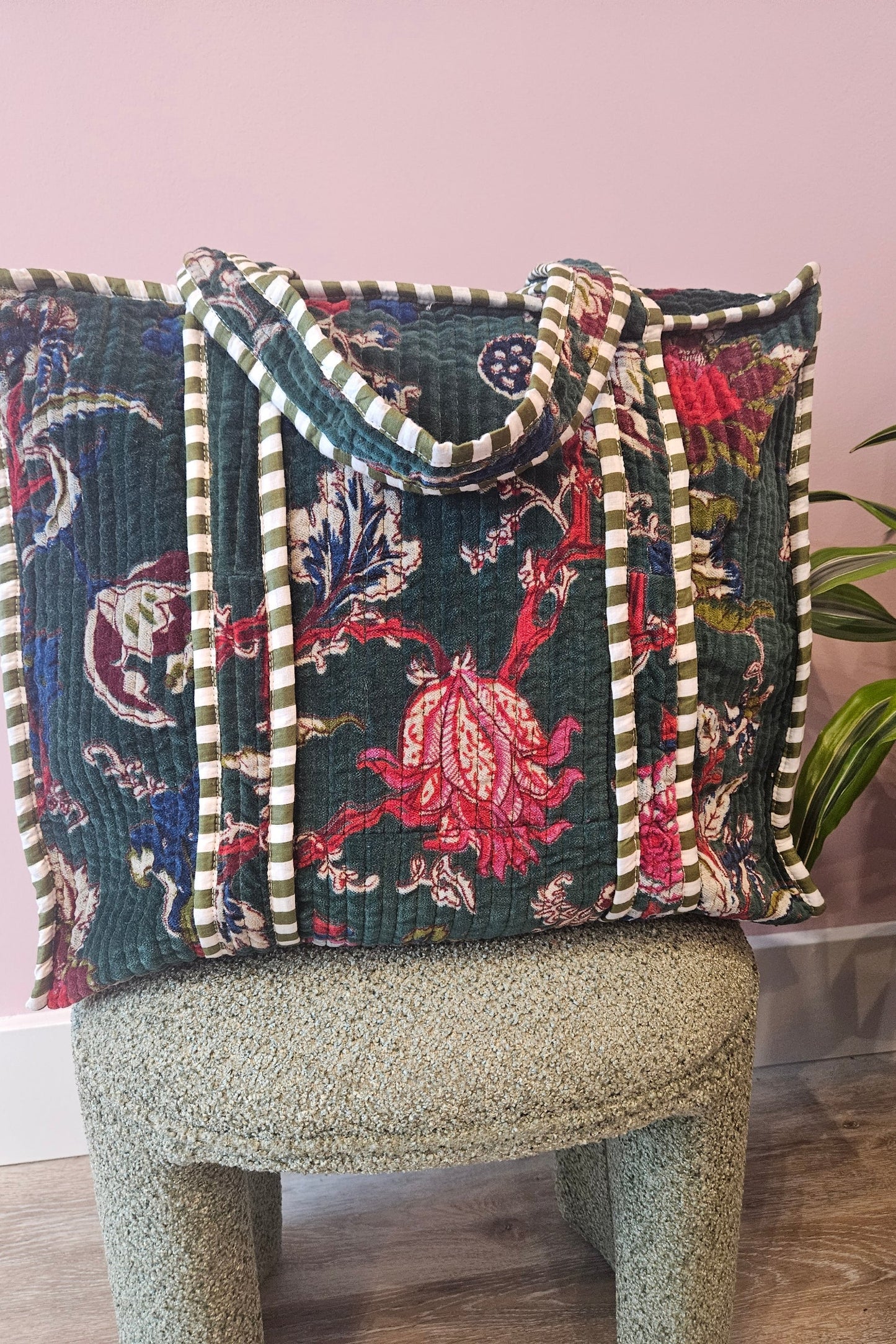 Velvet Tote Bag - Green Floral