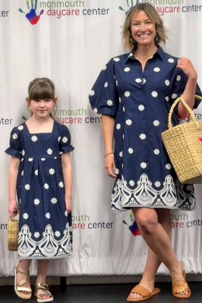 Embroidered Girl's Dress - Navy