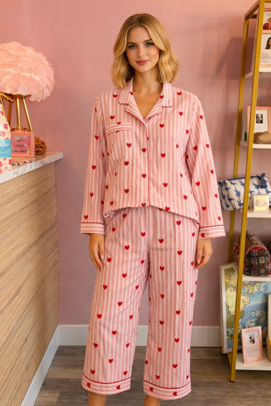 Block Print Pajama Set - Red Stripe with Hearts