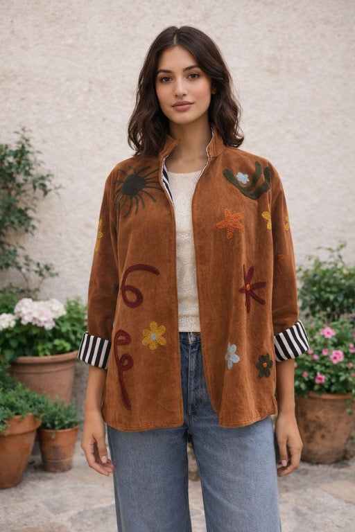 Embroidered Reversible Velvet Jacket - Brown Palm Tree