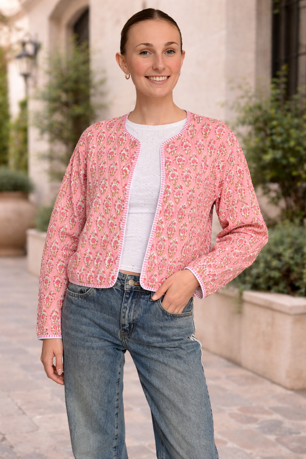 Block Print Quilted Cropped Reversible Jacket - Pink
