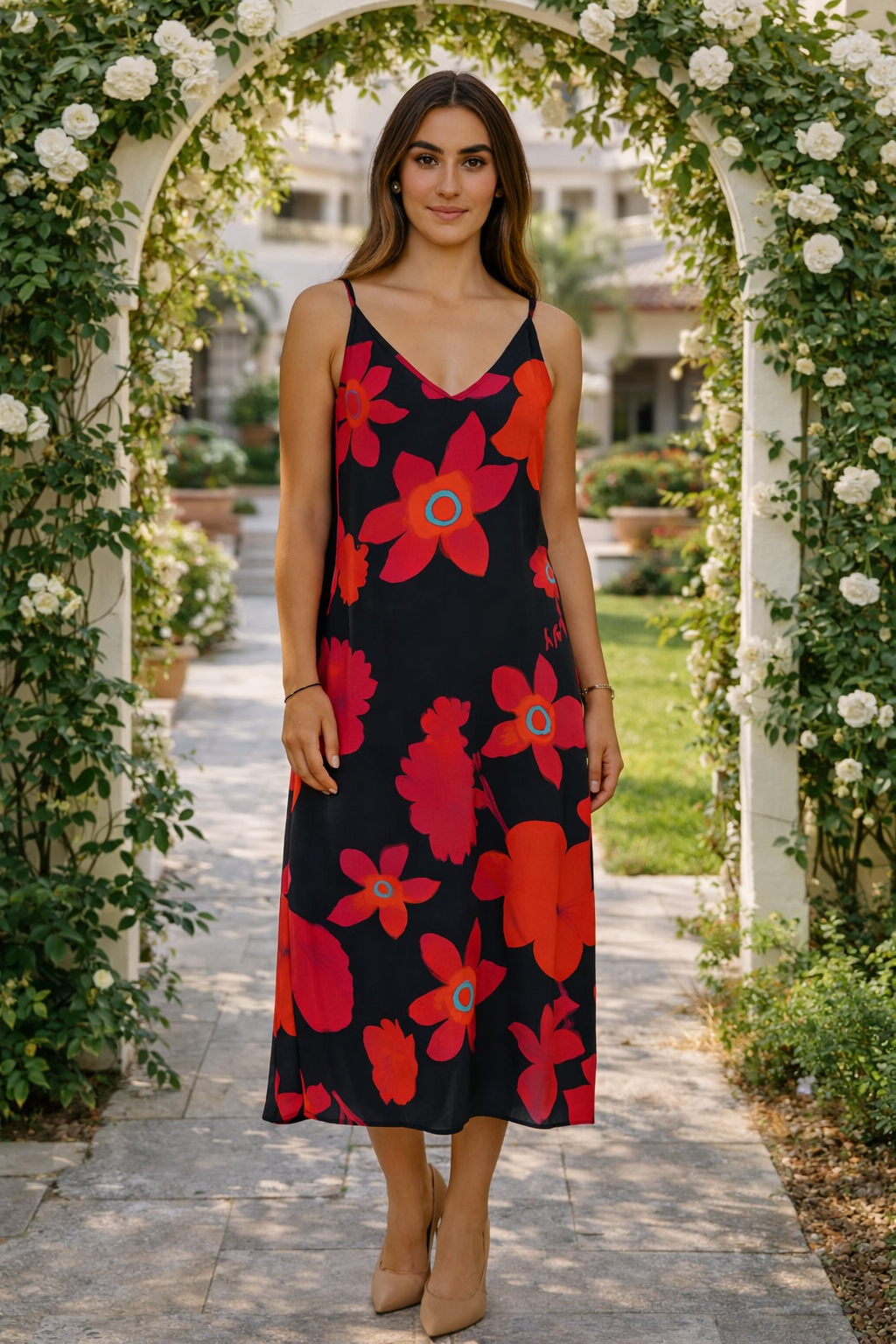 Slip Dress - Bold Navy and Orange Floral