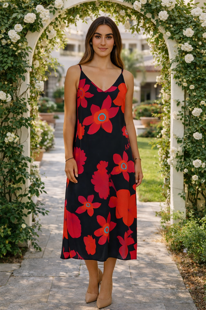 Slip Dress - Bold Navy and Orange Floral