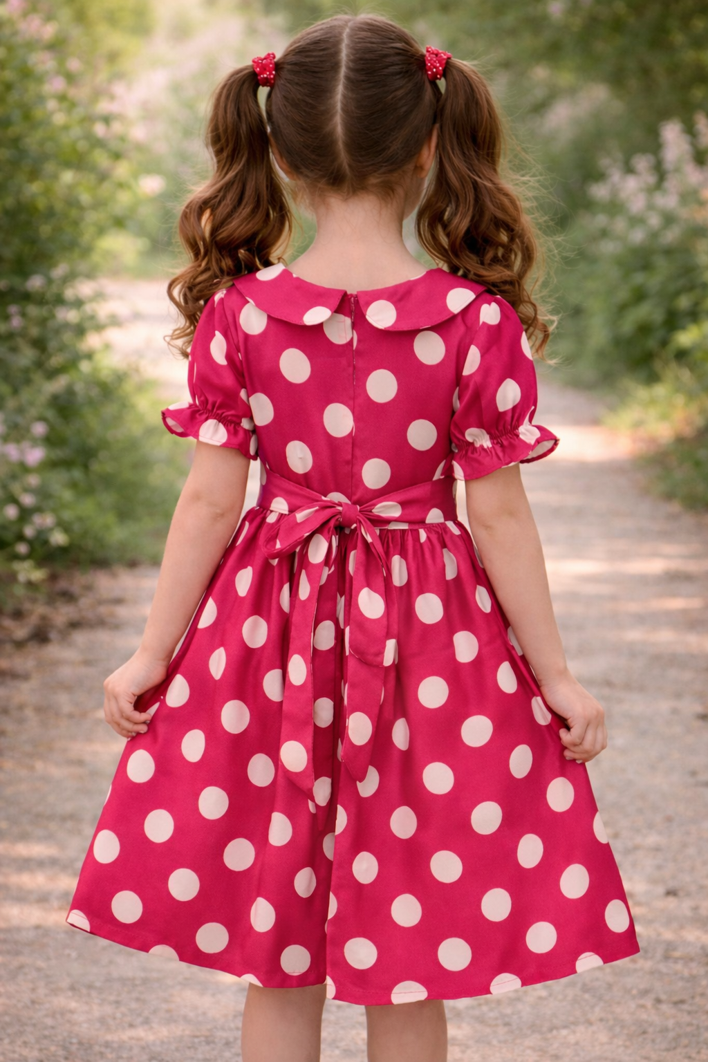 Girl's Satin Dress - White Polka Dots on Pink