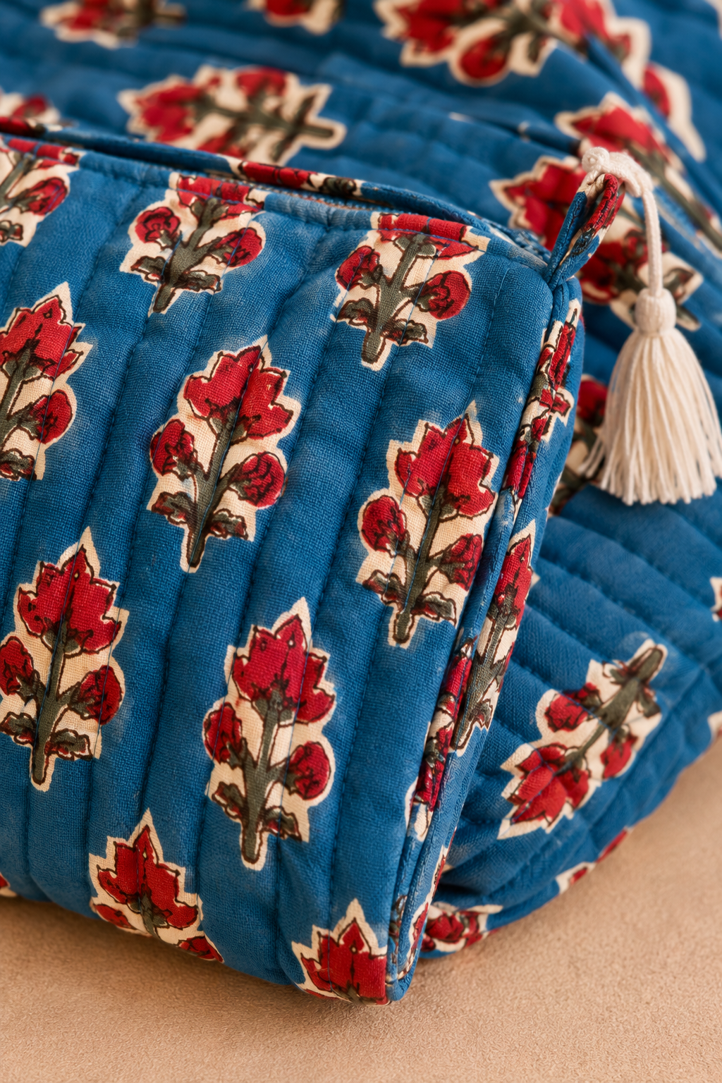 Block Print Nested Cosmetic Bags - Set of 3 - Blue with Red Boti