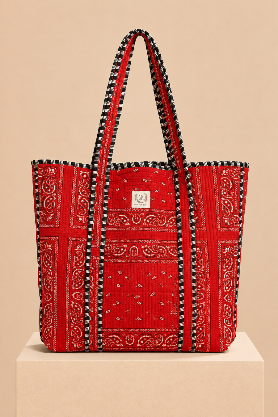Block Print Reversible Tote Bag - Red Bandanna