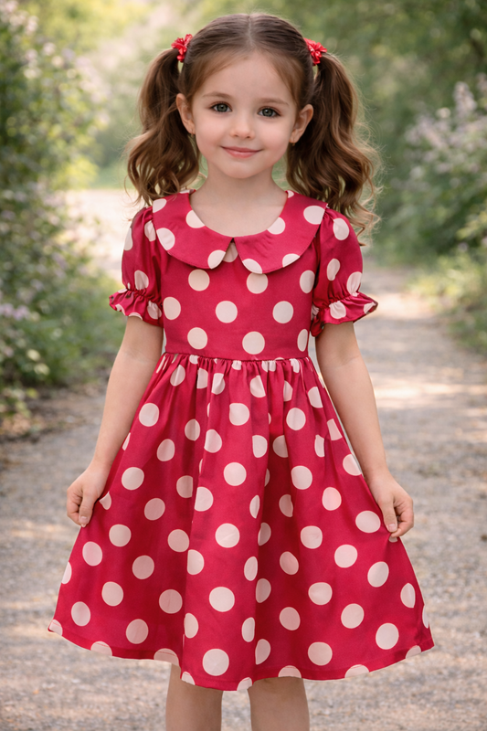 Girl's Satin Dress - White Polka Dots on Pink