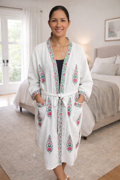 Block Print Waffle Cotton Robe - Pink & Green Mughal