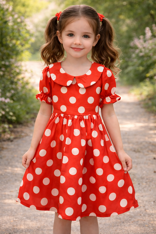 Girl's Satin Dress - White Polka Dots on Pink