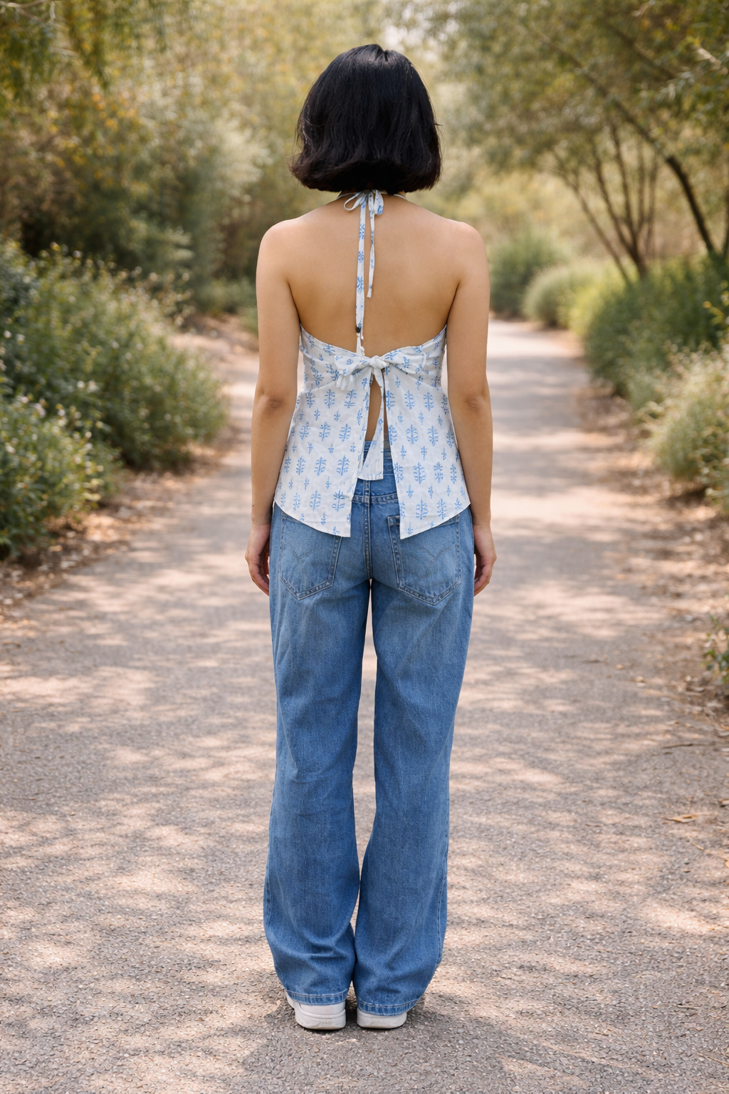 Halter Top - Block Print - Blue and White