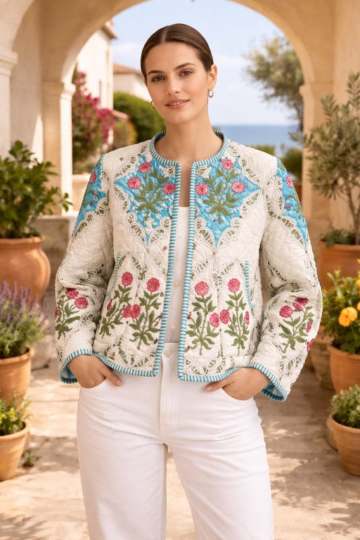 Block Print Quilted Cropped Reversible Jacket