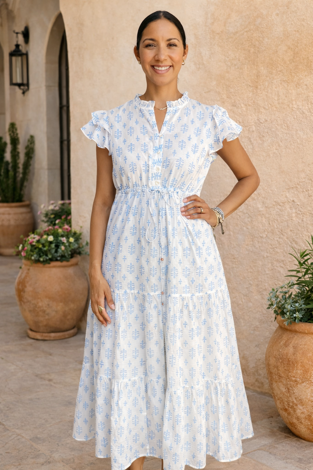 Block Print Cinched Waist Tier Dress - Blue