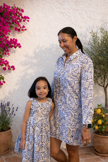 Block Print Girl's Dress - Blue & Gray Floral