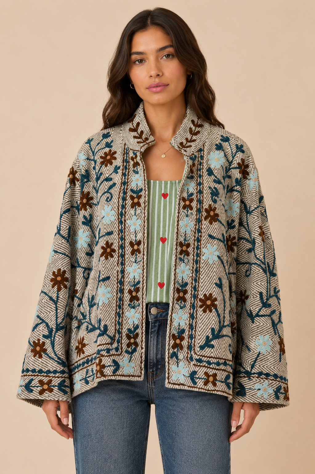 Front view of the Emmy embroidered reversible jacket featuring floral embroidery