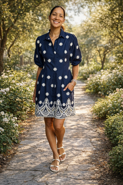Puff Elegance Contour Dress - Embroidered Blue