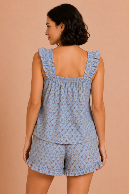 Ruffled Pajama Set - Blue with Pink Flowers
