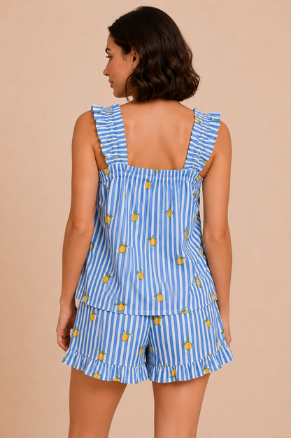 Ruffled Pajama Set - Blue Lemon Stripes